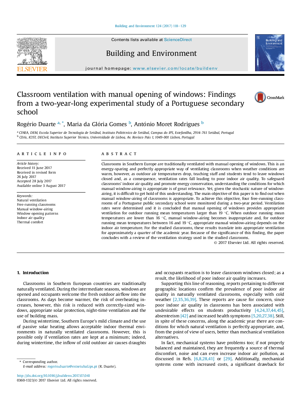 Classroom ventilation with manual opening of windows: Findings from a two-year-long experimental study of a Portuguese secondary school