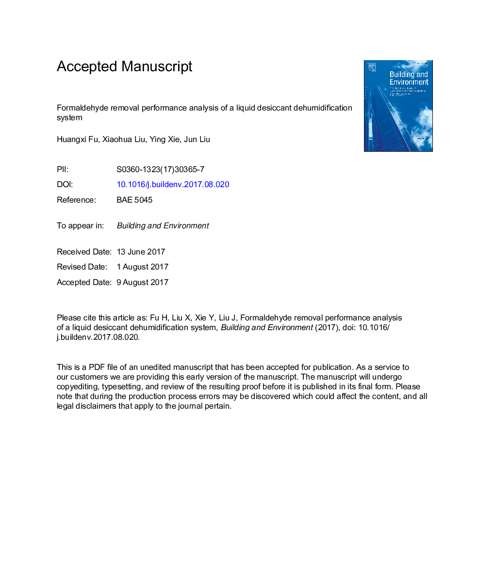 Formaldehyde removal performance analysis of a liquid desiccant dehumidification system