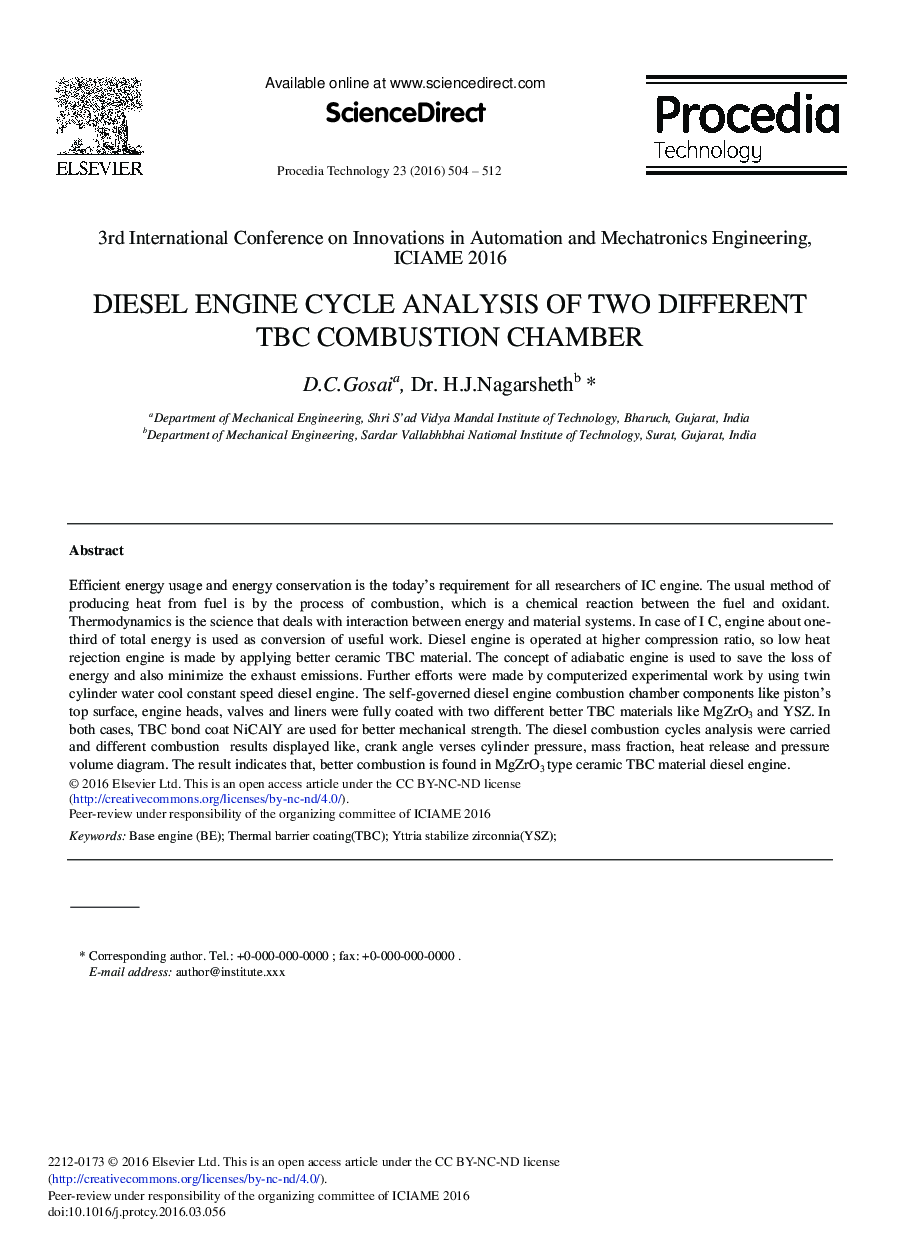 Diesel Engine Cycle Analysis of Two Different TBC Combustion Chamber 