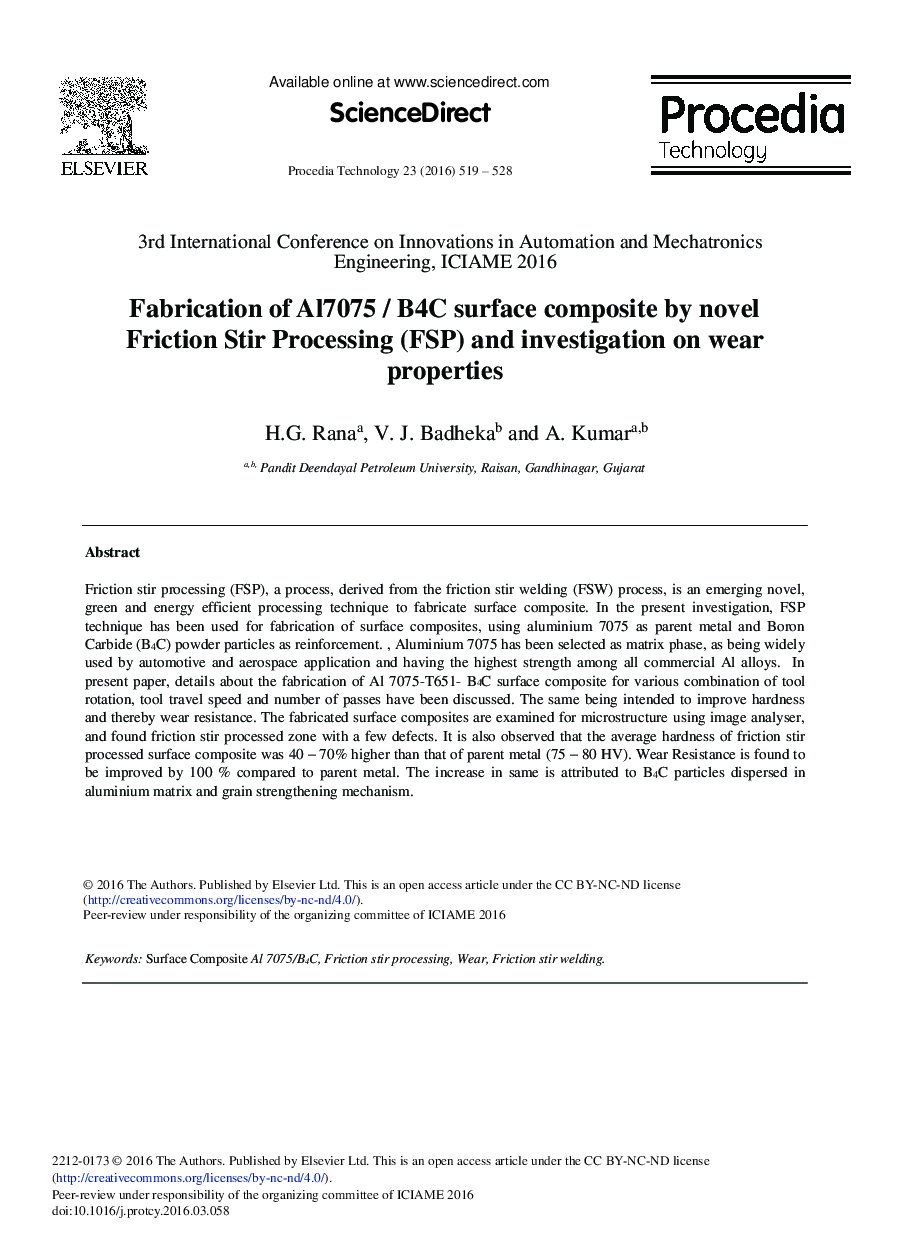 Fabrication of Al7075 / B4C Surface Composite by Novel Friction Stir Processing (FSP) and Investigation on Wear Properties 