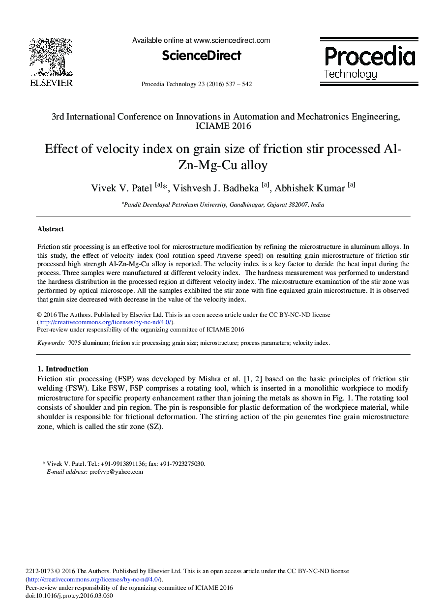 Effect of Velocity Index on Grain Size of Friction Stir Processed Al-Zn-Mg-Cu Alloy 