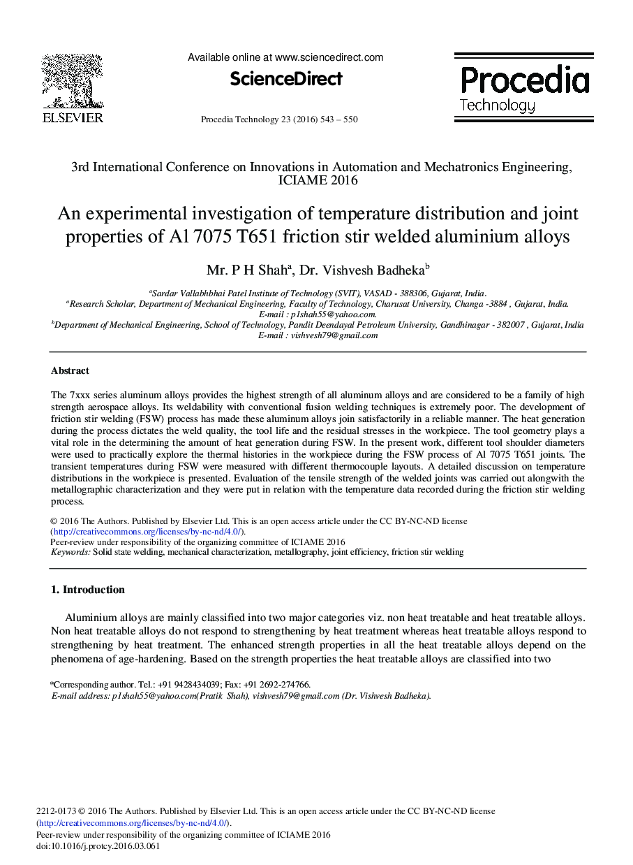 An Experimental Investigation of Temperature Distribution and Joint Properties of Al 7075 T651 Friction Stir Welded Aluminium Alloys
