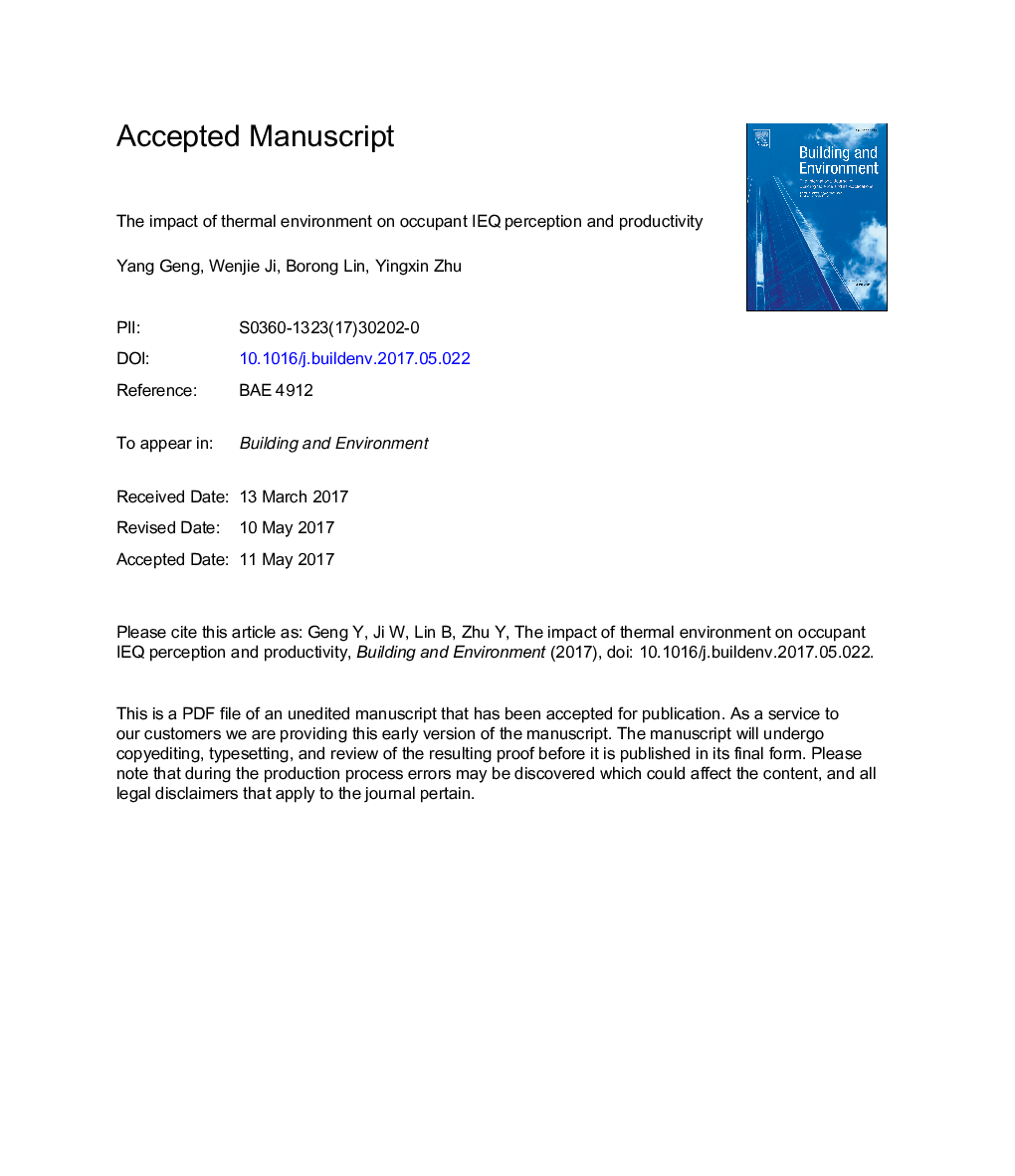 The impact of thermal environment on occupant IEQ perception and productivity