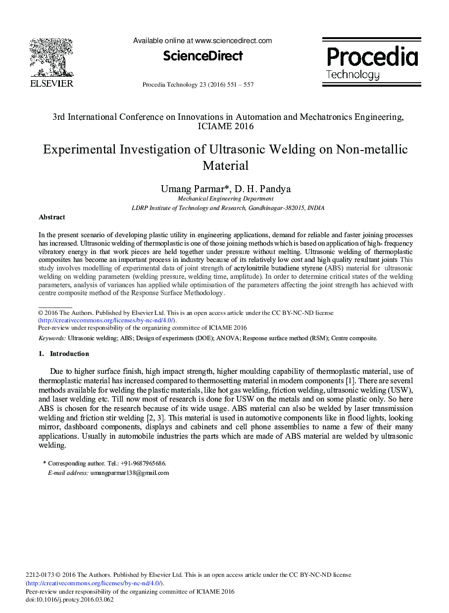 Experimental Investigation of Ultrasonic Welding on Non-metallic Material 