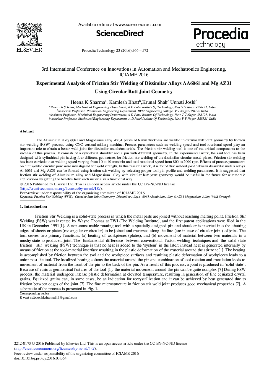 Experimental Analysis of Friction Stir Welding of Dissimilar Alloys AA6061 and Mg AZ31 Using Circular Butt Joint Geometry 