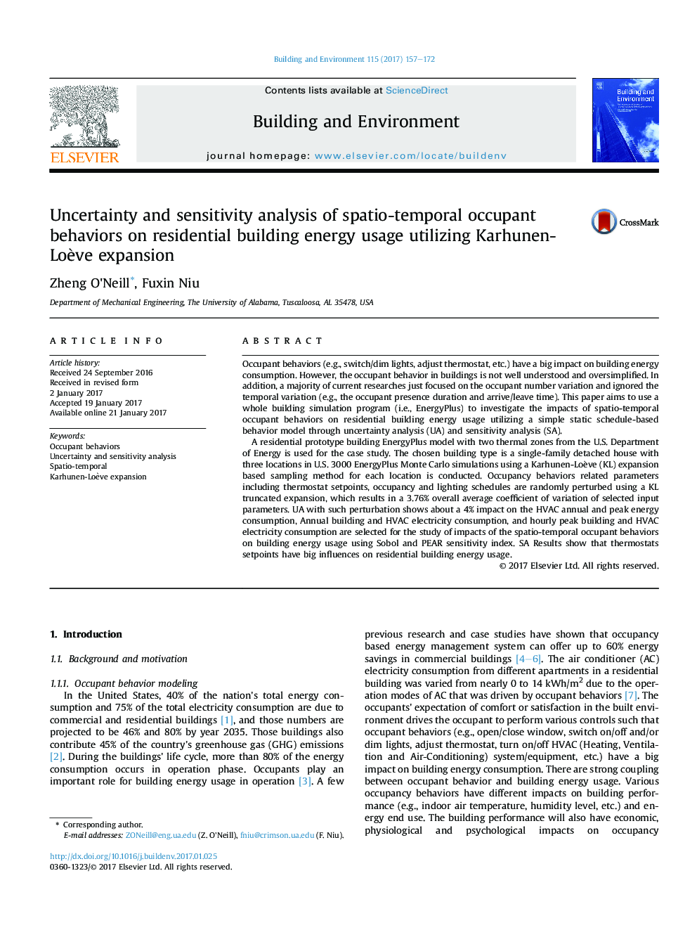 Uncertainty and sensitivity analysis of spatio-temporal occupant behaviors on residential building energy usage utilizing Karhunen-LoÃ¨ve expansion