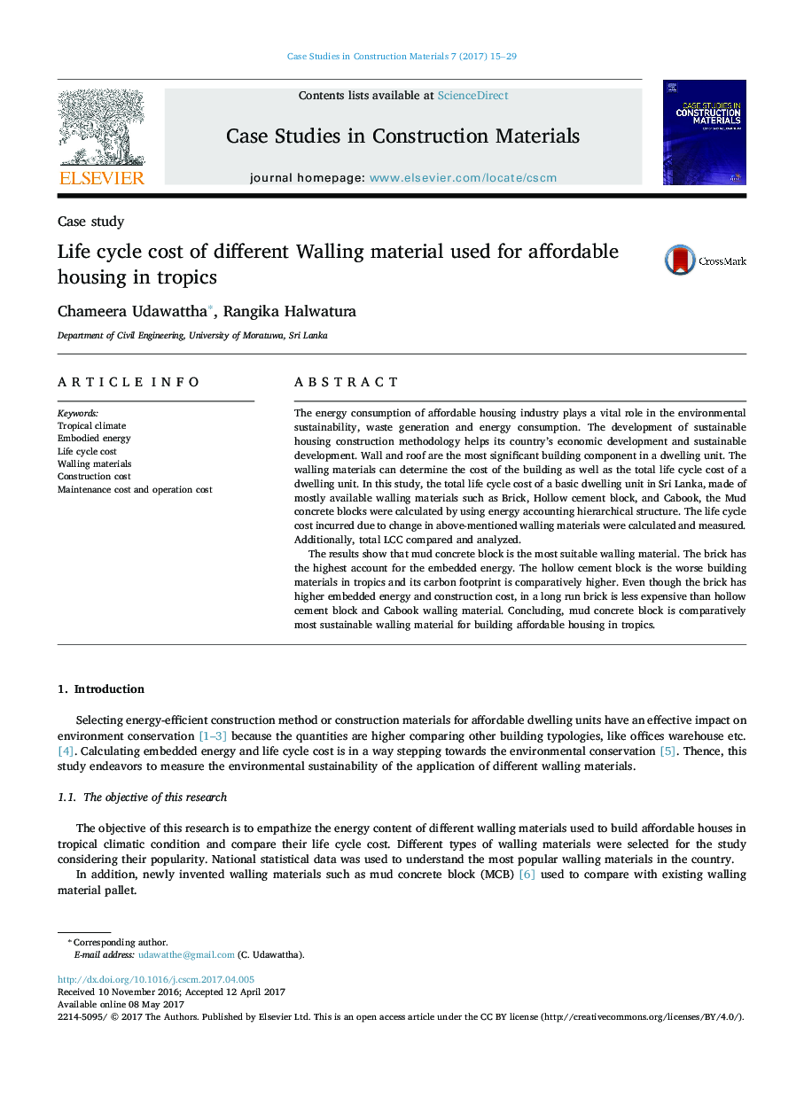 Life cycle cost of different Walling material used for affordable housing in tropics