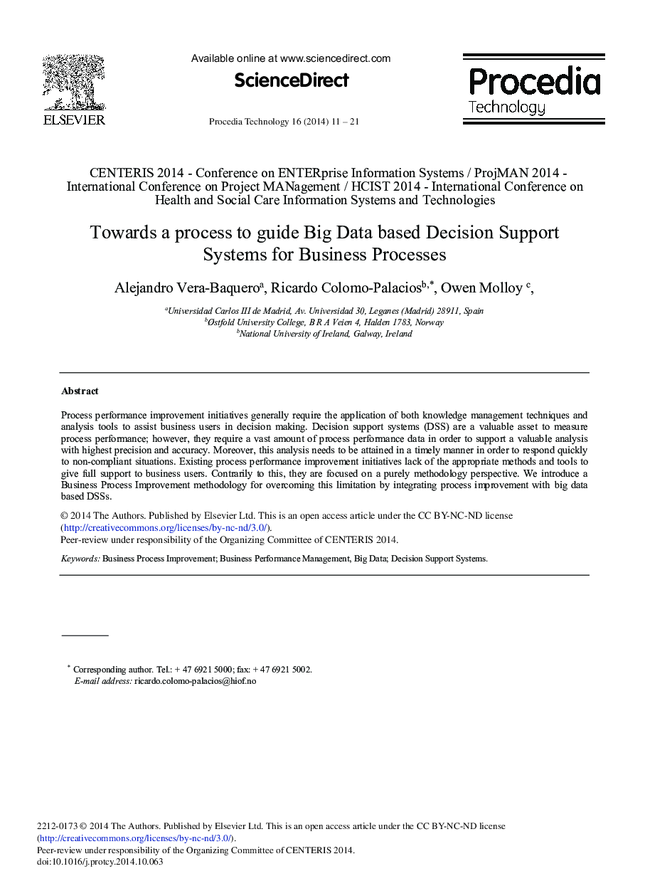 Towards a Process to Guide Big Data Based Decision Support Systems for Business Processes 