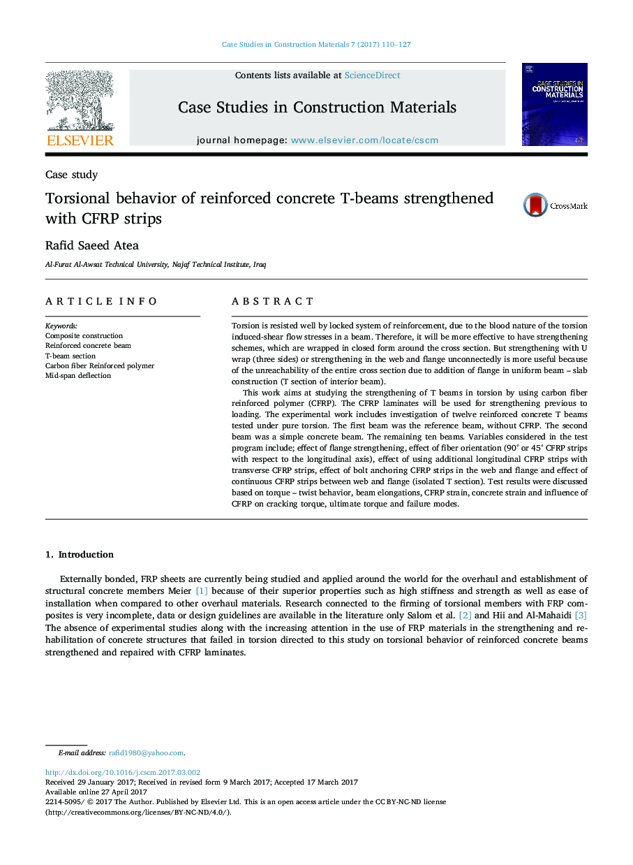 Torsional behavior of reinforced concrete T-beams strengthened with CFRP strips