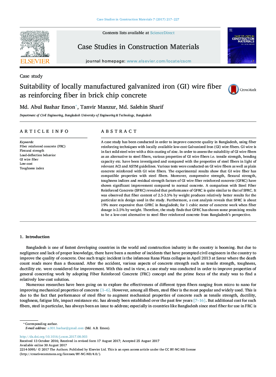 Suitability of locally manufactured galvanized iron (GI) wire fiber as reinforcing fiber in brick chip concrete