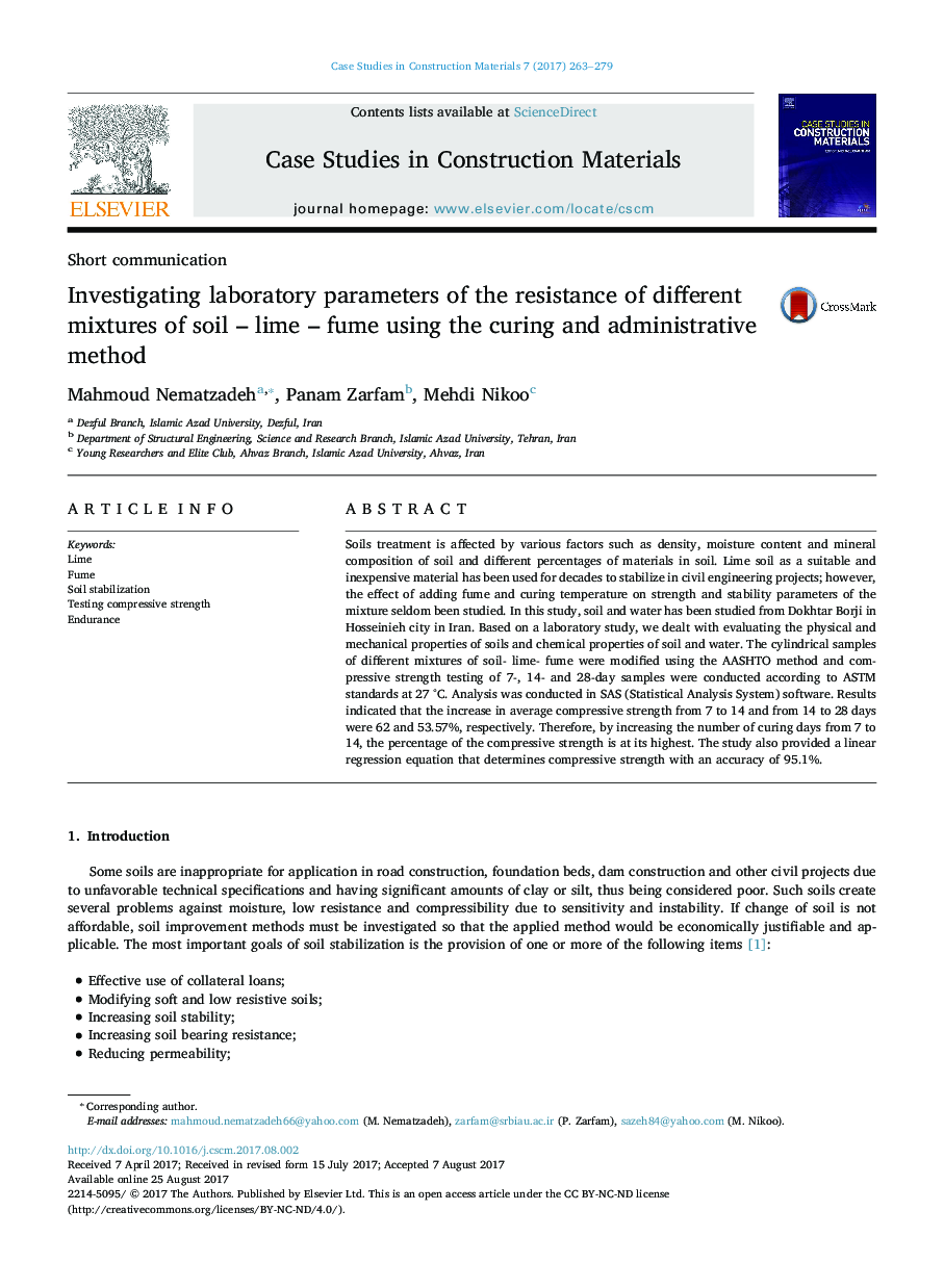 Investigating laboratory parameters of the resistance of different mixtures of soil - lime - fume using the curing and administrative method