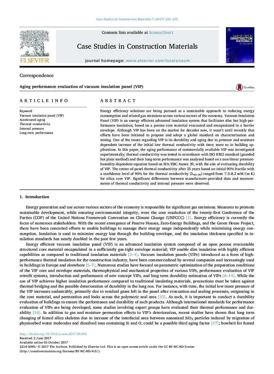 Aging performance evaluation of vacuum insulation panel (VIP)