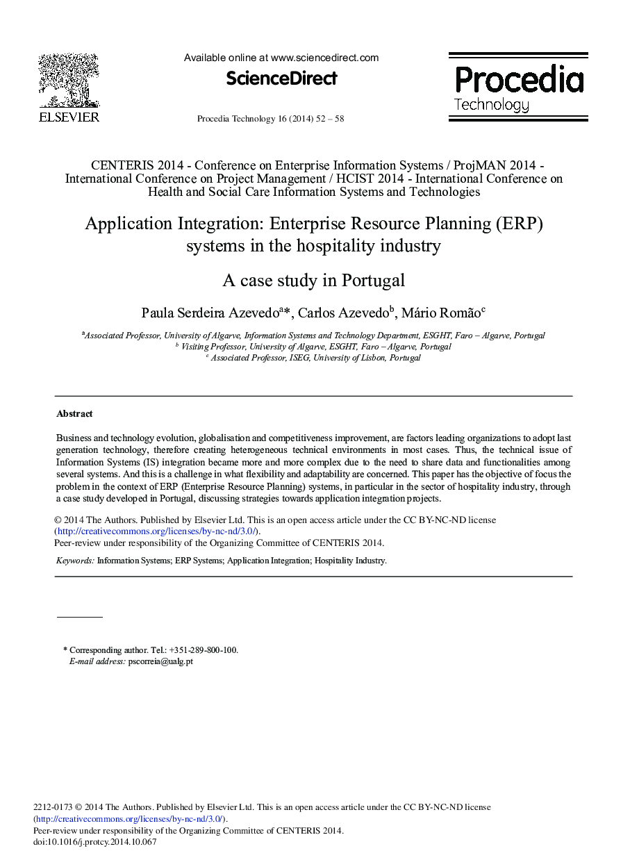 Application Integration: Enterprise Resource Planning (ERP) Systems in the Hospitality Industry. A case study in Portugal 
