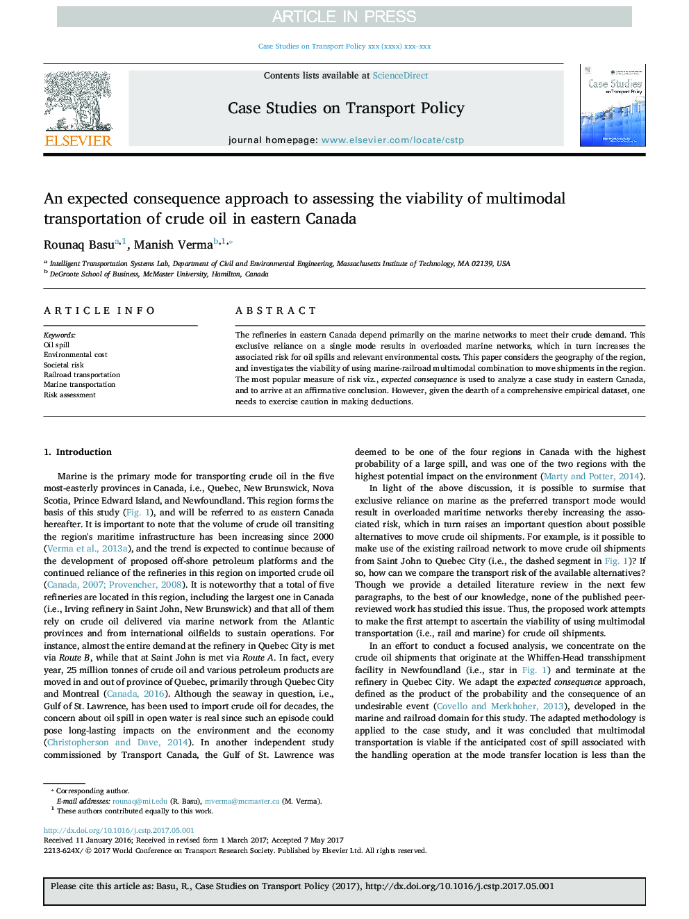 An expected consequence approach to assessing the viability of multimodal transportation of crude oil in eastern Canada
