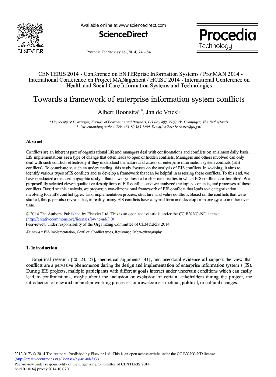 Towards a Framework of Enterprise Information System Conflicts 