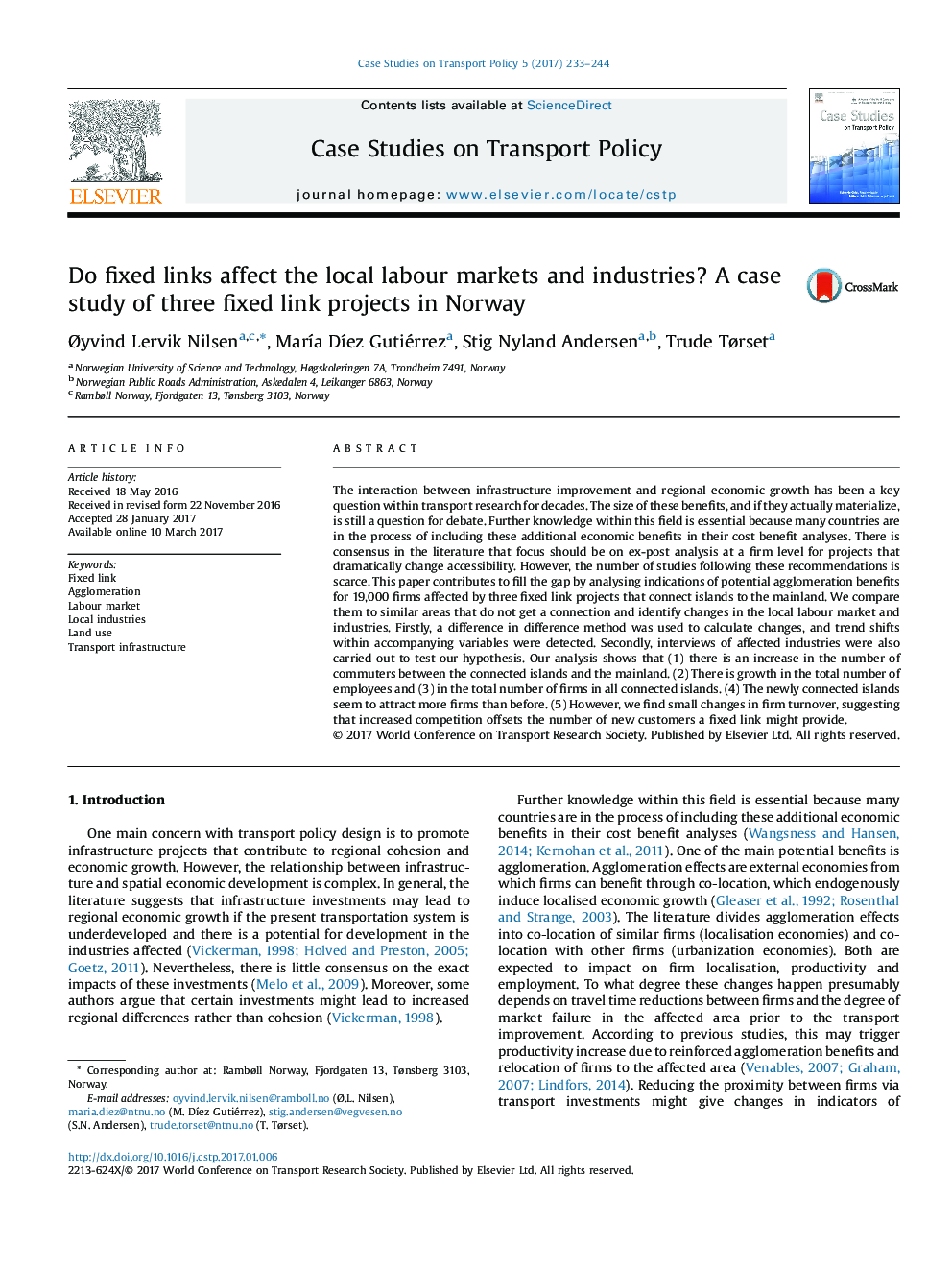 Do fixed links affect the local labour markets and industries? A case study of three fixed link projects in Norway