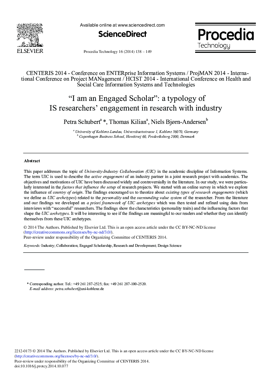 “I am an Engaged Scholar”: A Typology of IS Researchers’ Engagement in Research with Industry 