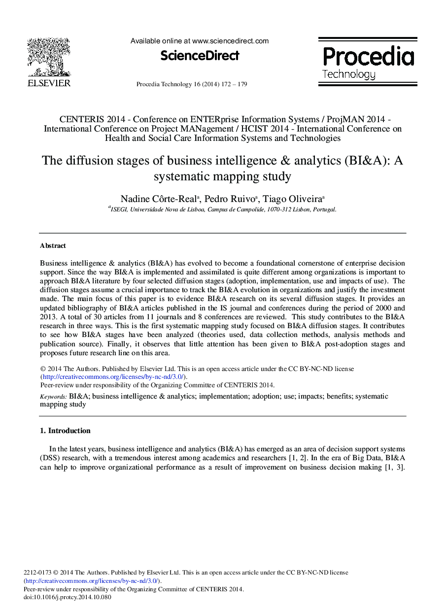 The Diffusion Stages of Business Intelligence & Analytics (BI&A): A Systematic Mapping Study 