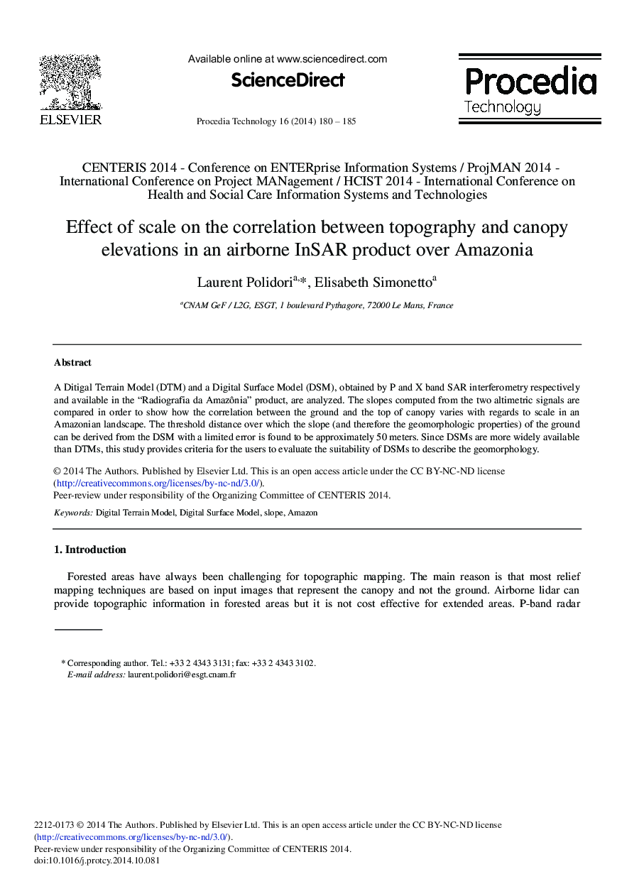 Effect of Scale on the Correlation Between Topography and Canopy Elevations in an Airborne InSAR Product Over AMAZONIA 