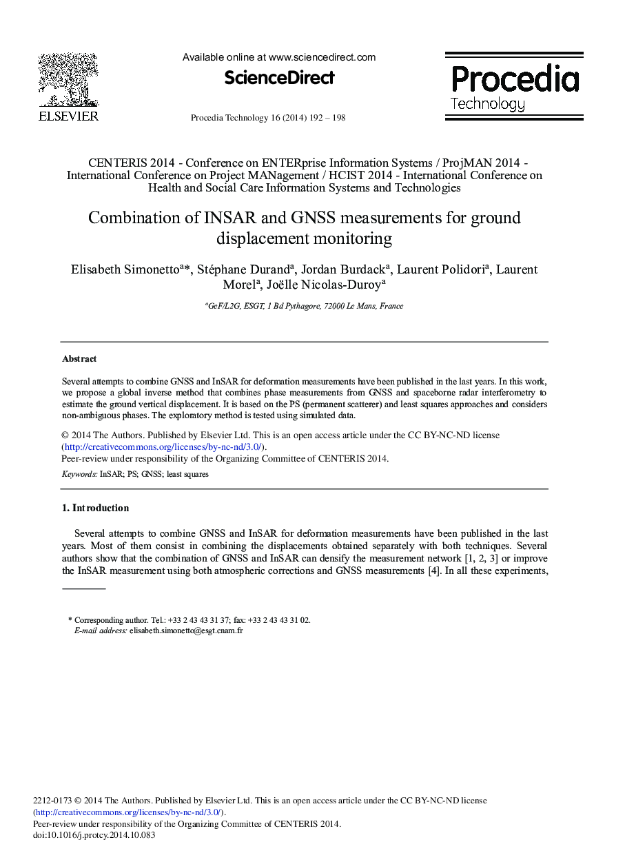 Combination of INSAR and GNSS Measurements for Ground Displacement Monitoring 