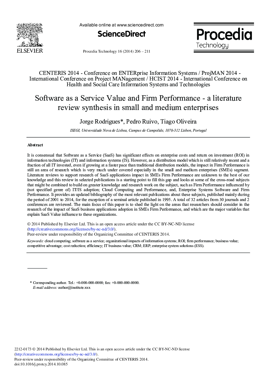 Software as a Service Value and Firm Performance - A literature Review Synthesis in Small and Medium Enterprises 