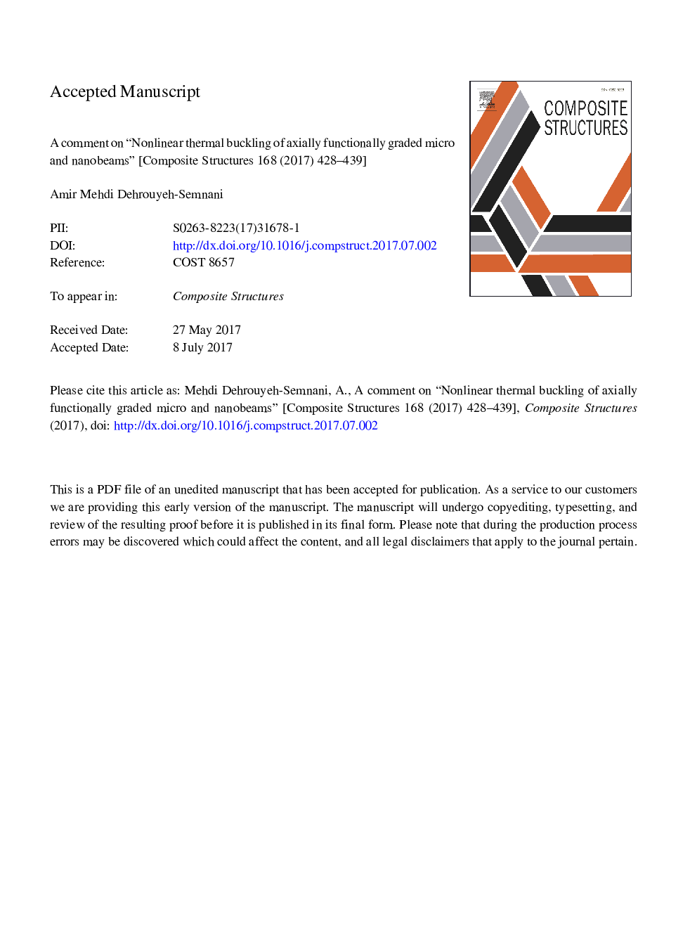 A comment on “Nonlinear thermal buckling of axially functionally graded micro and nanobeams” [Composite Structures 168 (2017) 428-439]