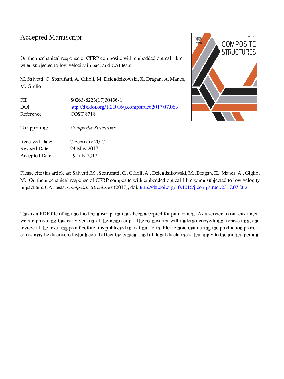 On the mechanical response of CFRP composite with embedded optical fibre when subjected to low velocity impact and CAI tests