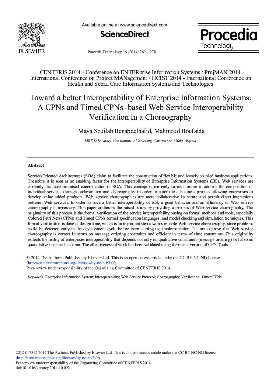 Toward a Better Interoperability of Enterprise Information Systems: A CPNs and Timed CPNs -based Web Service Interoperability Verification in a Choreography 