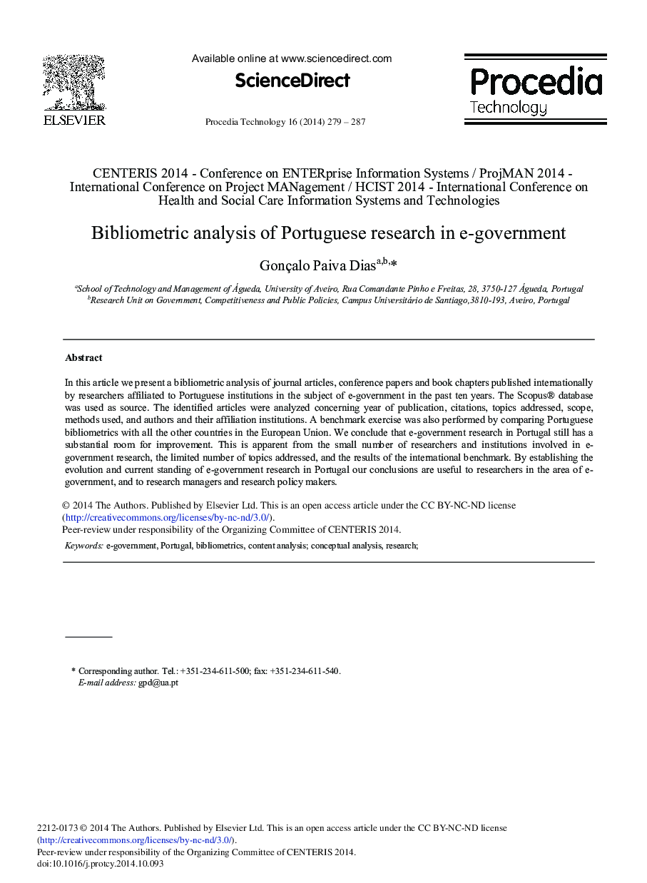 Bibliometric Analysis of Portuguese Research in e-government 