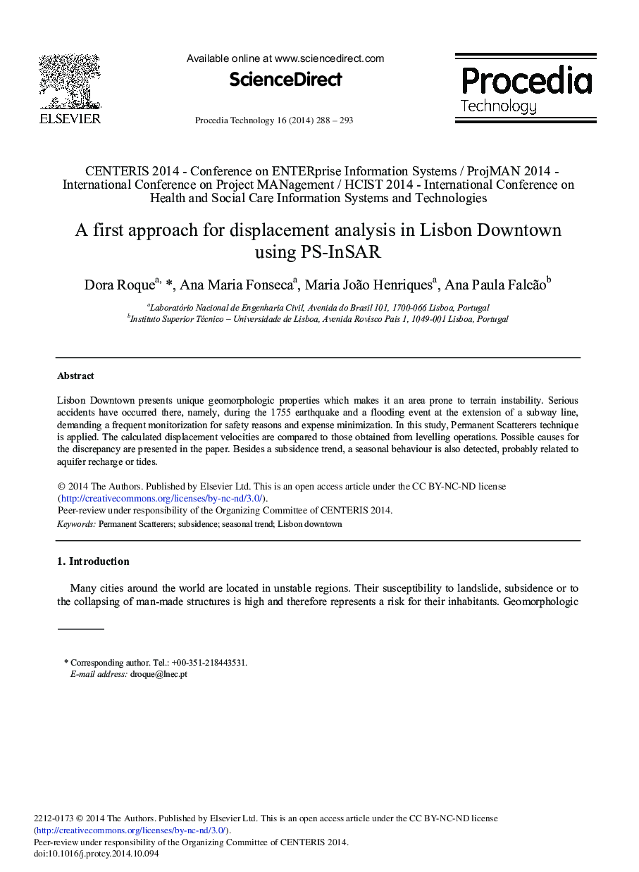 A First Approach for Displacement Analysis in Lisbon Downtown Using PS-InSAR 