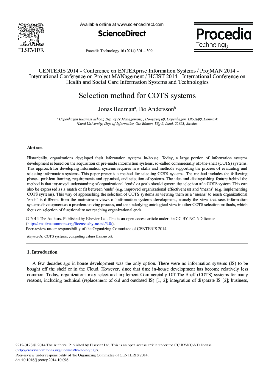 Selection Method for COTS Systems 