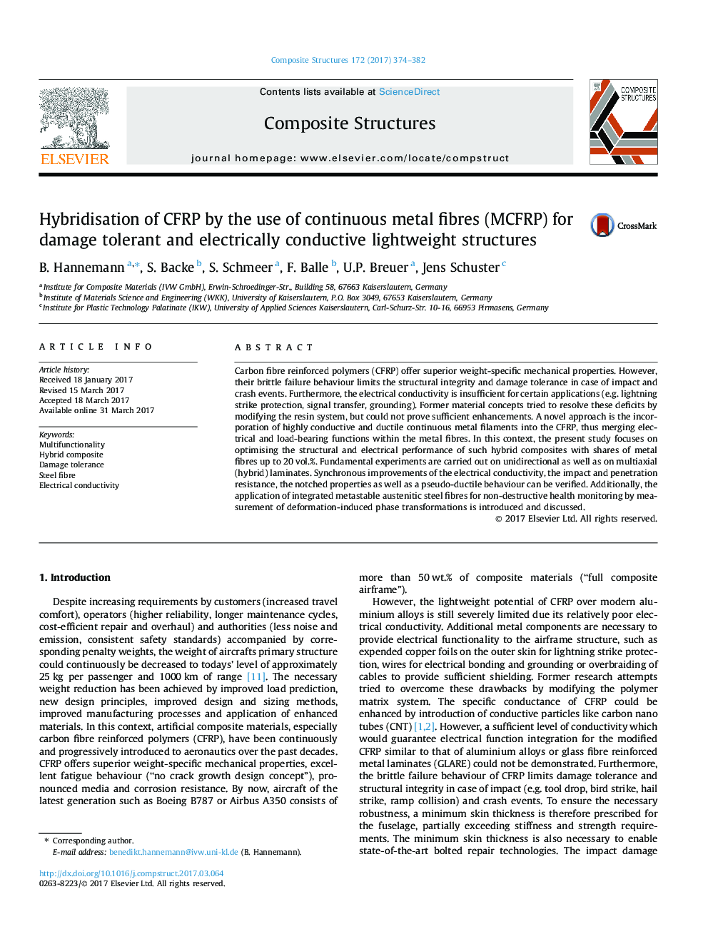 Hybridisation of CFRP by the use of continuous metal fibres (MCFRP) for damage tolerant and electrically conductive lightweight structures