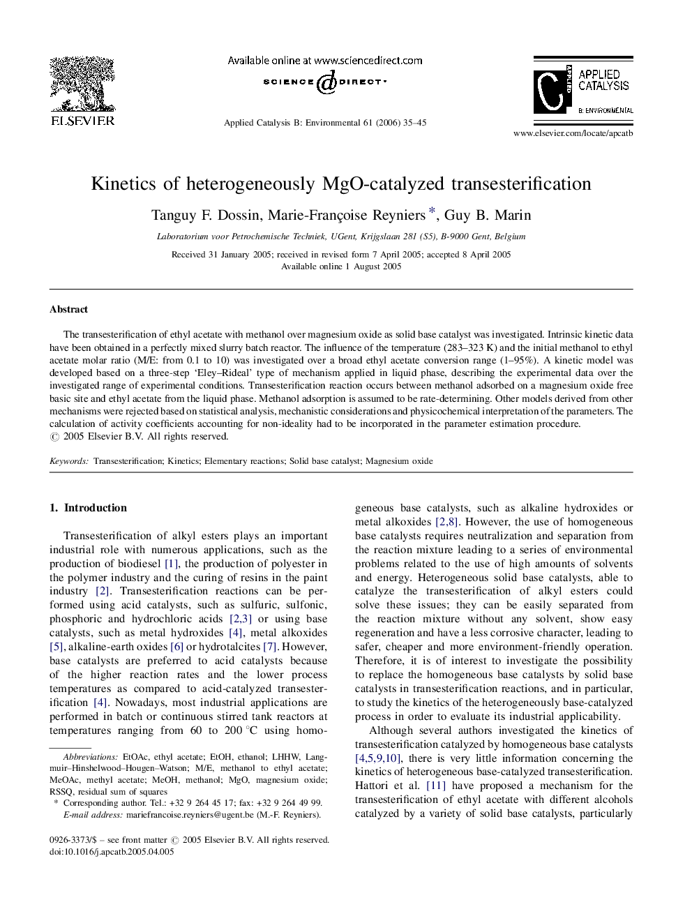 Kinetics of heterogeneously MgO-catalyzed transesterification