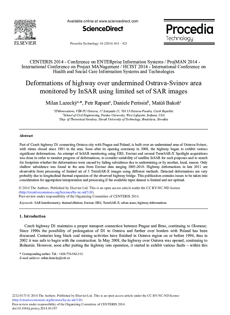 Deformations of Highway over Undermined Ostrava-Svinov Area Monitored by InSAR Using Limited Set of SAR Images 