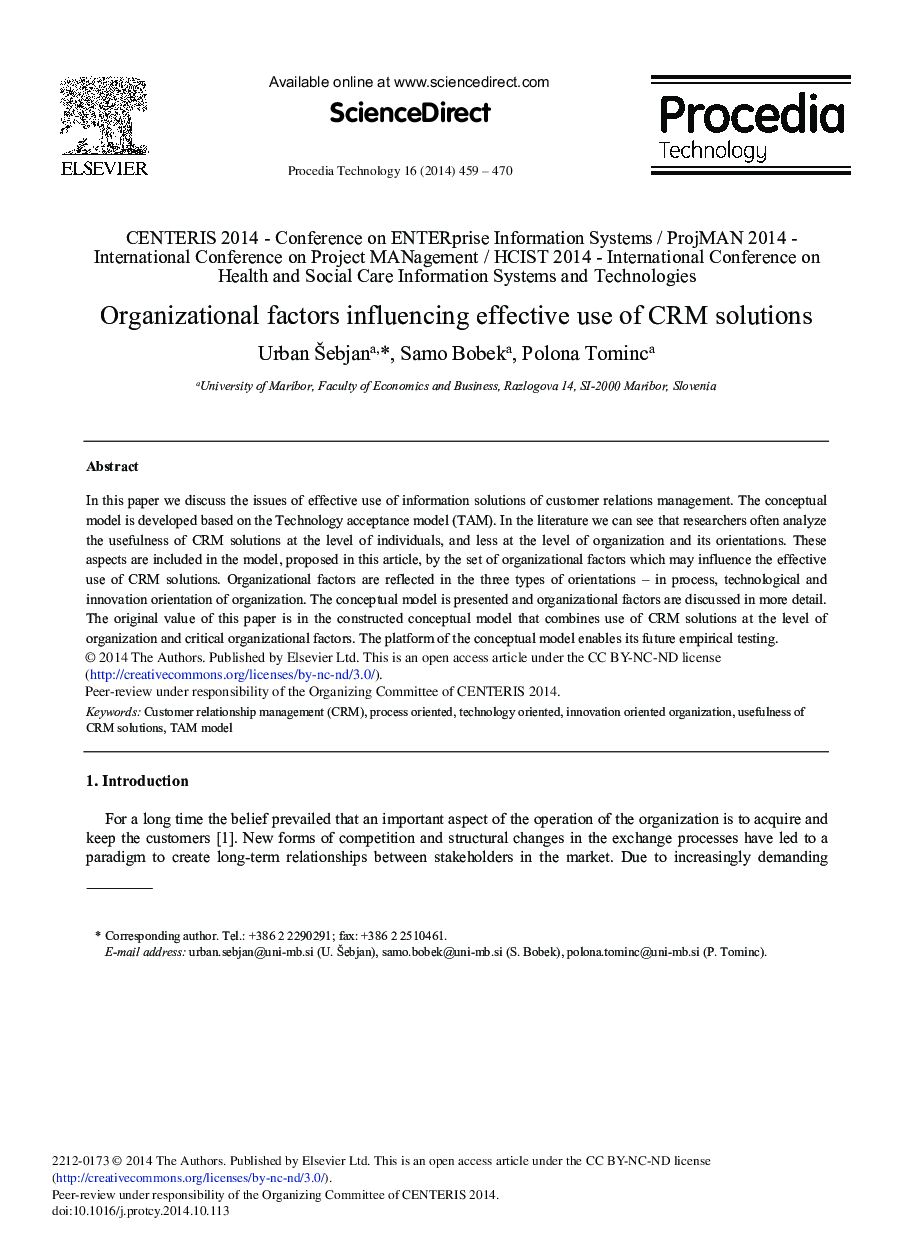 Organizational Factors Influencing Effective Use of CRM Solutions 