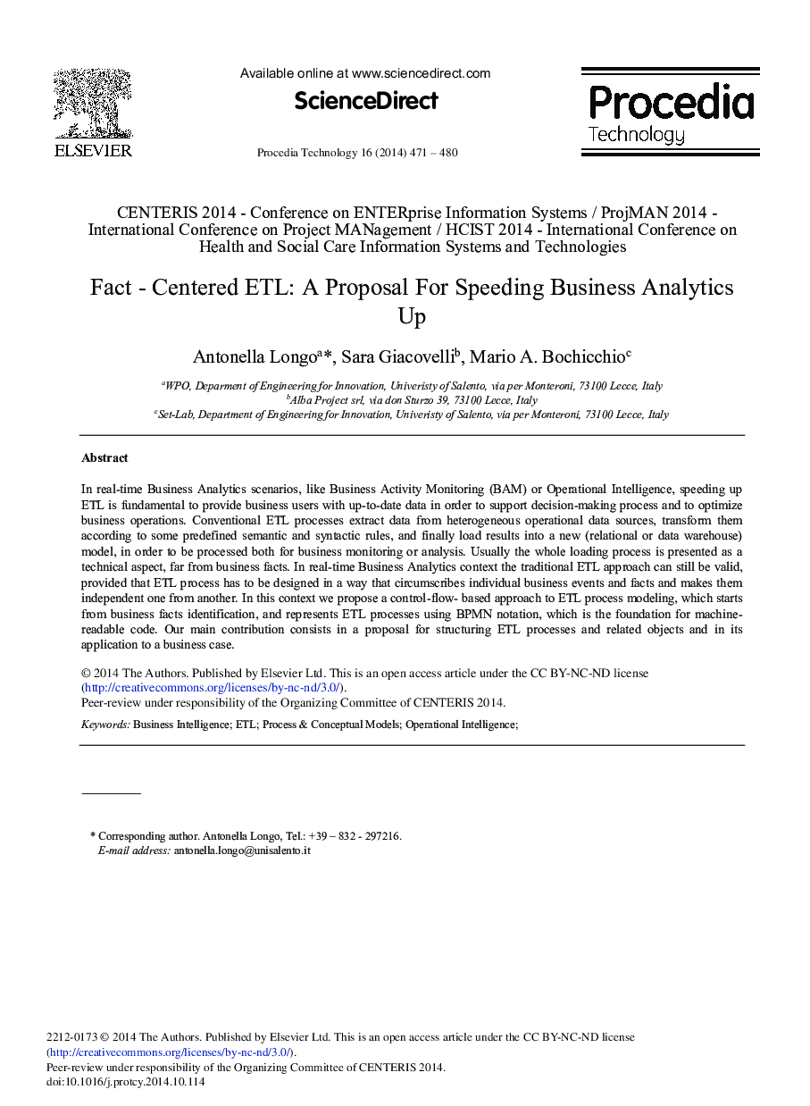 Fact – Centered ETL: A Proposal for Speeding Business Analytics up 