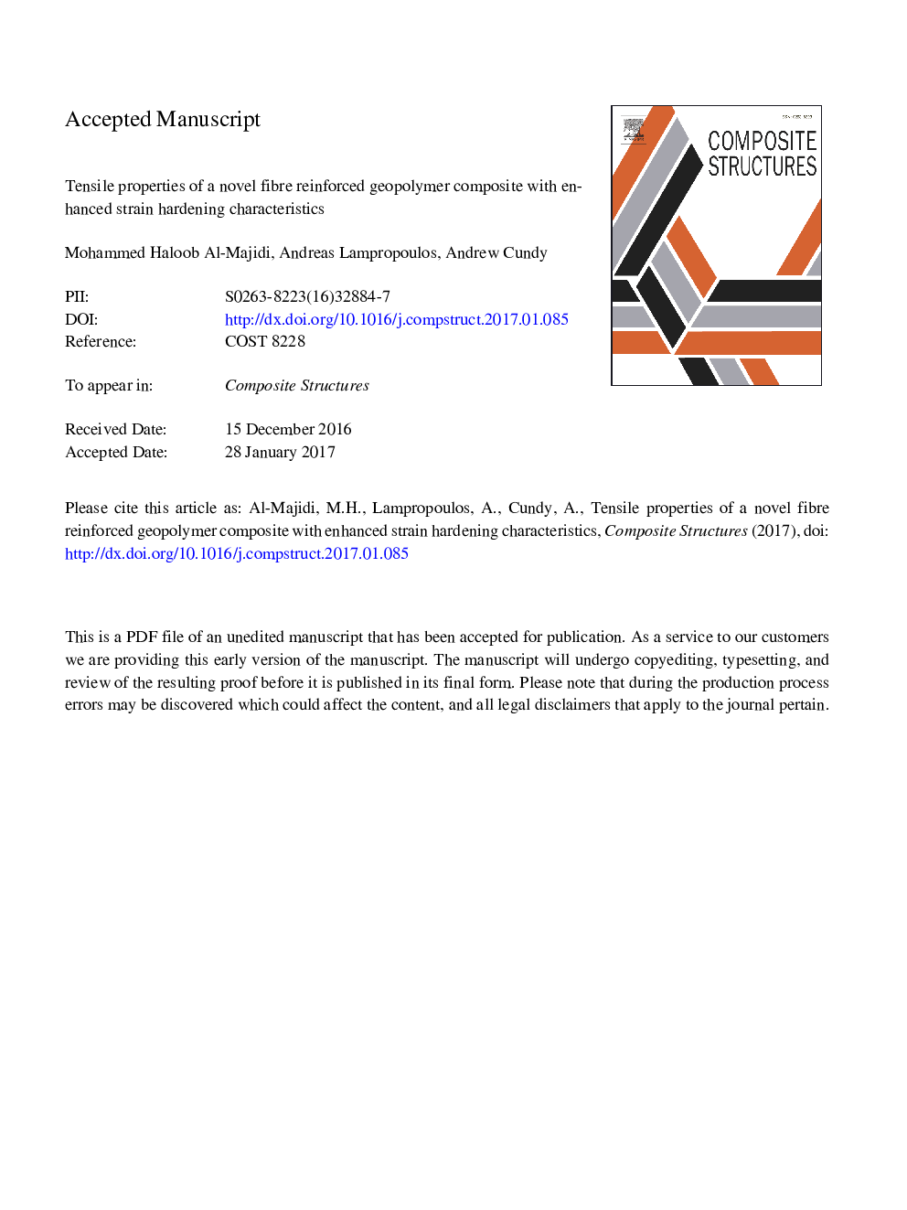 Tensile properties of a novel fibre reinforced geopolymer composite with enhanced strain hardening characteristics