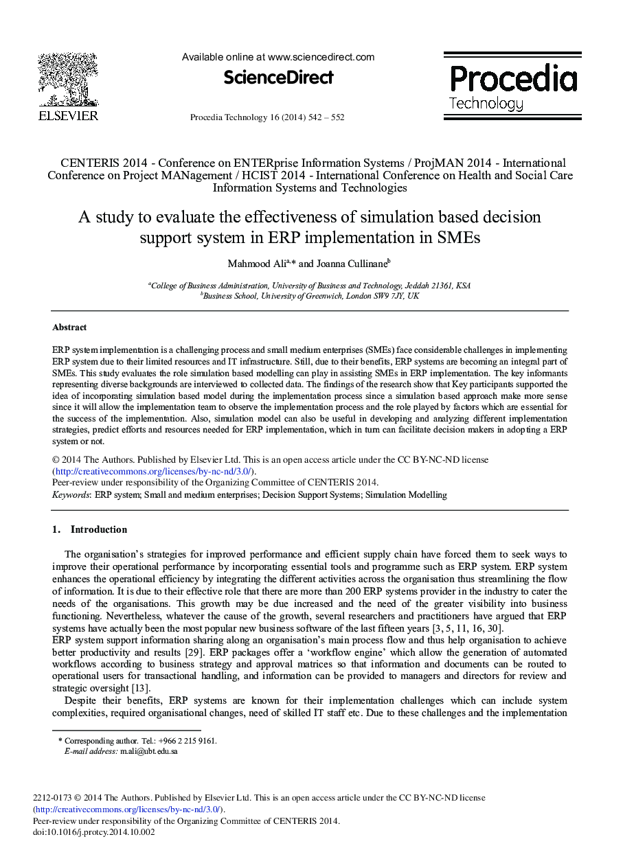 A Study to Evaluate the Effectiveness of Simulation based Decision Support System in ERP Implementation in SMEs 