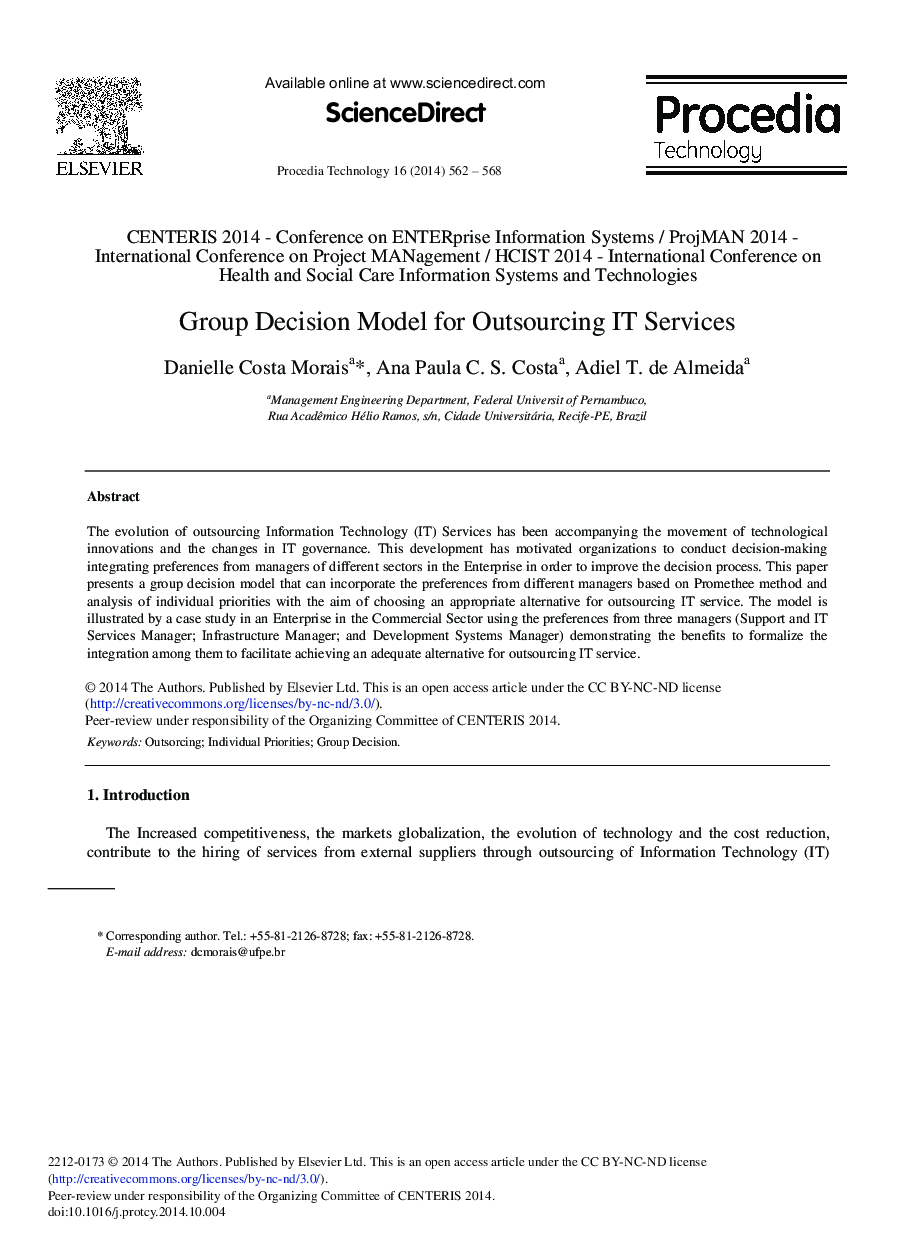 Group Decision Model for Outsourcing IT Services 