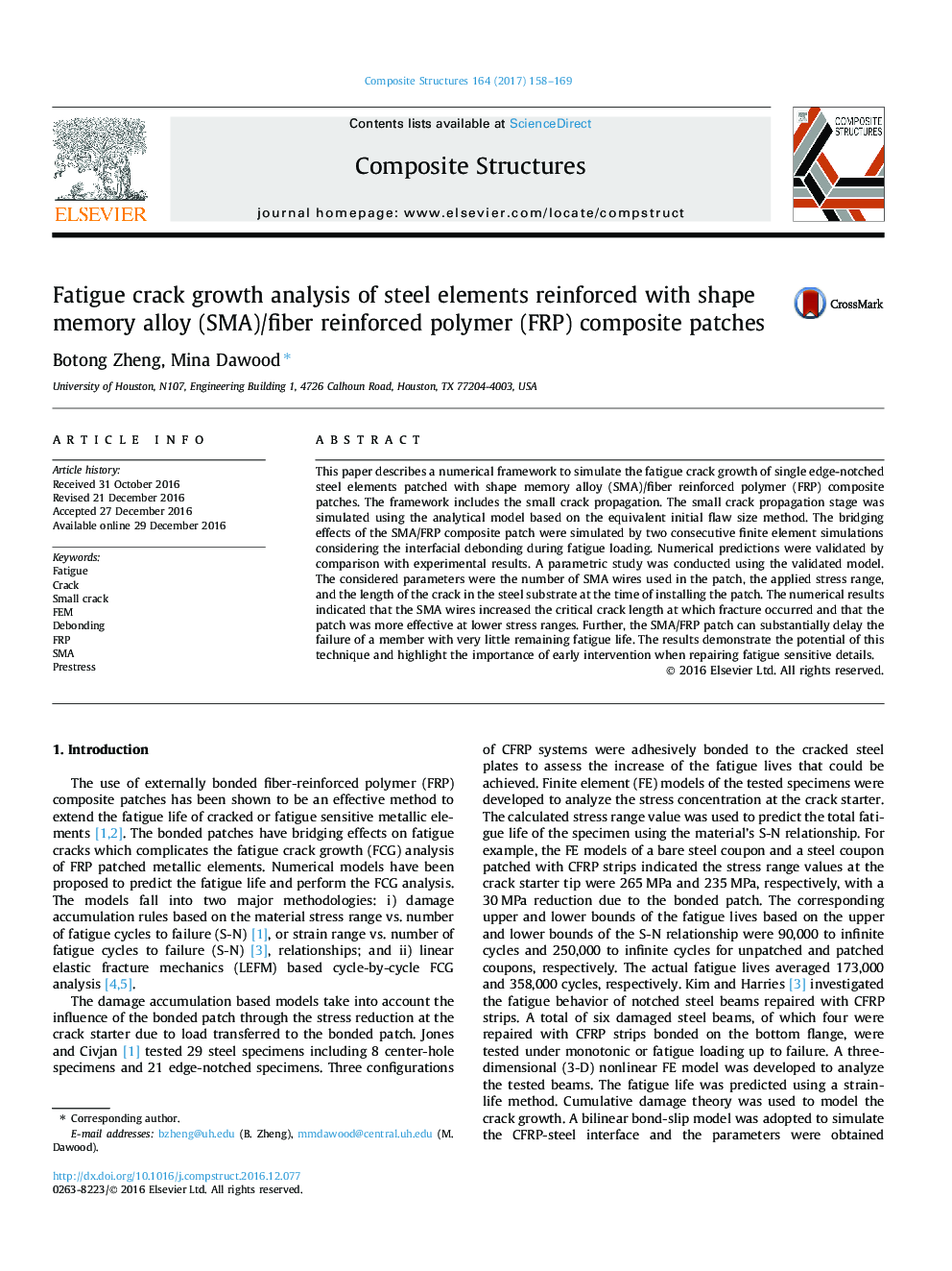 Fatigue crack growth analysis of steel elements reinforced with shape memory alloy (SMA)/fiber reinforced polymer (FRP) composite patches