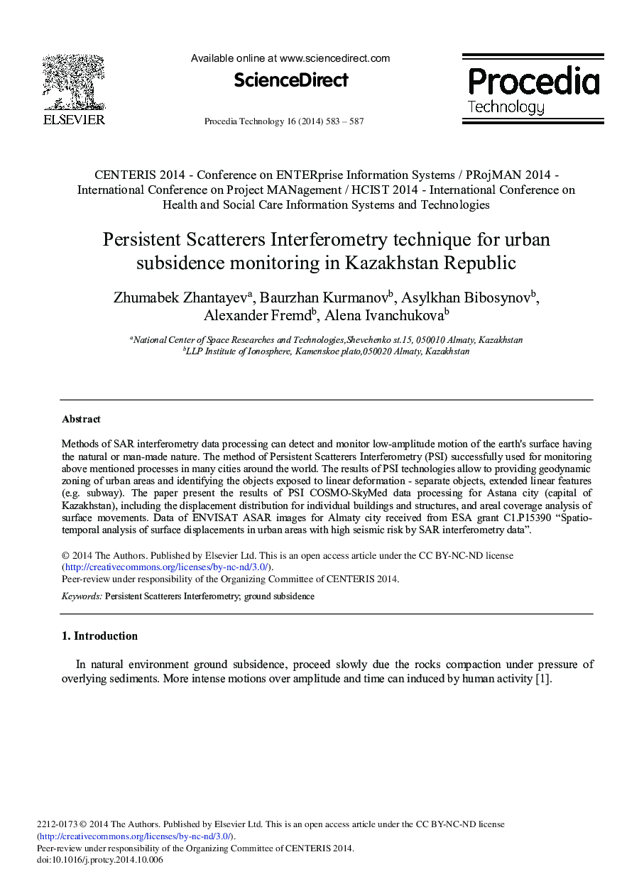 Persistent Scatterers Interferometry Technique for Urban Subsidence Monitoring in Kazakhstan Republic 