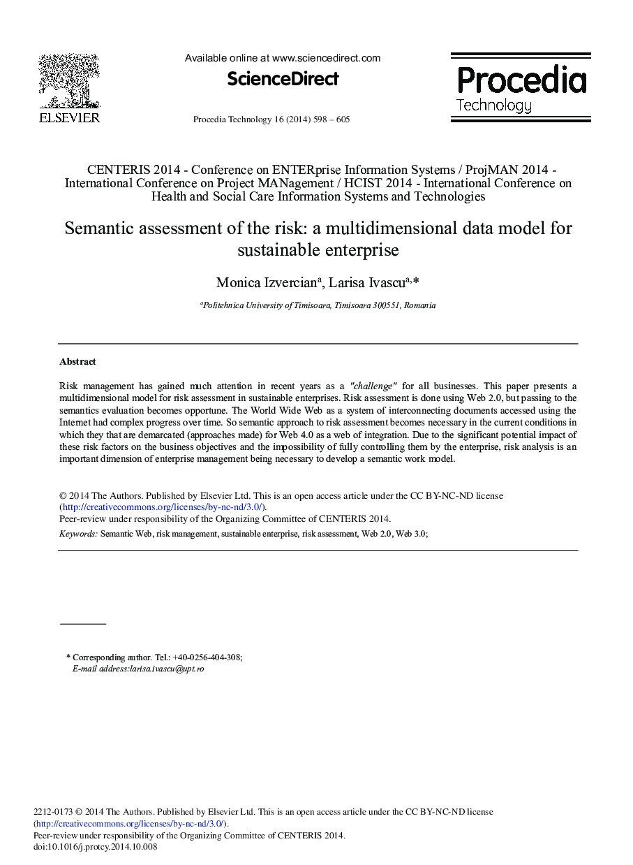 Semantic Assessment of the Risk: A Multidimensional Data Model for Sustainable Enterprise 