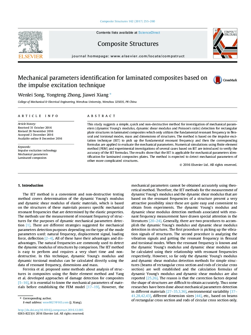 Mechanical parameters identification for laminated composites based on the impulse excitation technique