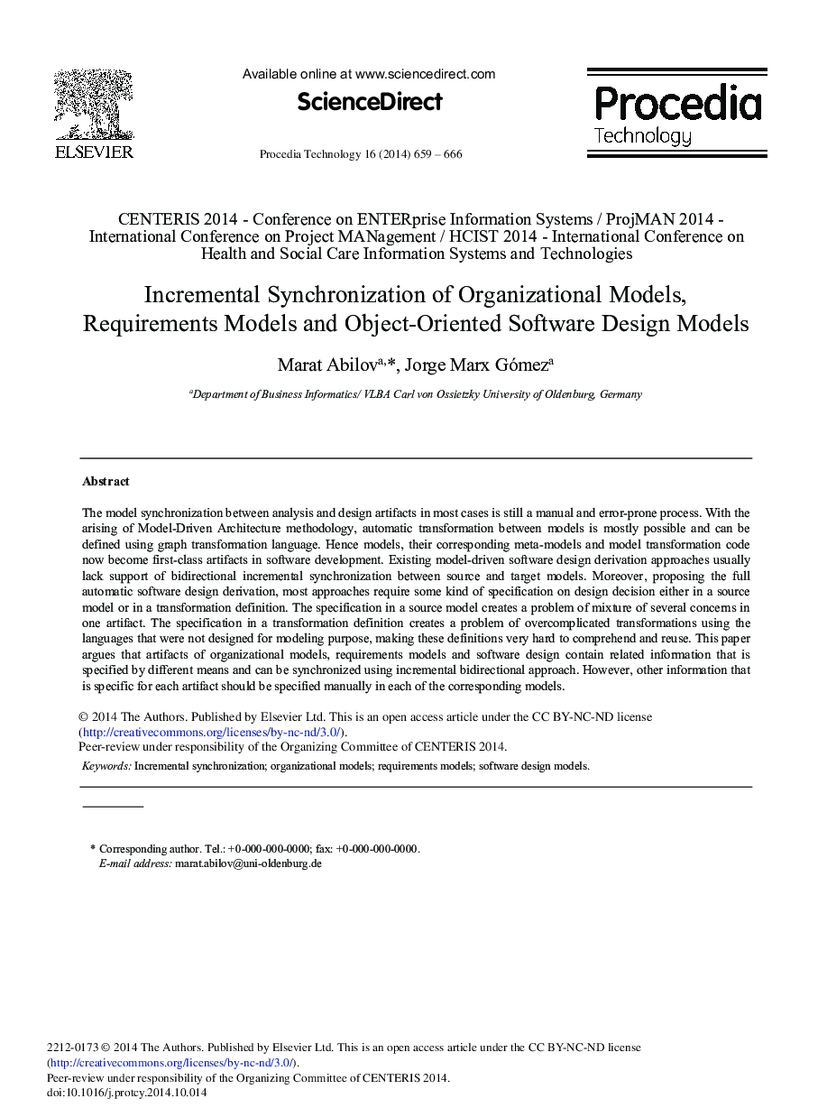 Incremental Synchronization of Organizational Models, Requirements Models and Object-oriented Software Design Models 