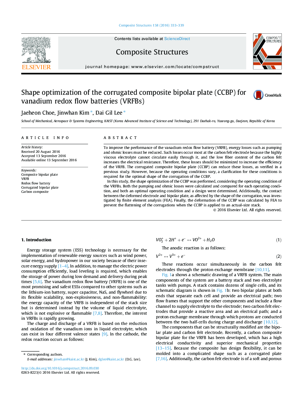 Shape optimization of the corrugated composite bipolar plate (CCBP) for vanadium redox flow batteries (VRFBs)