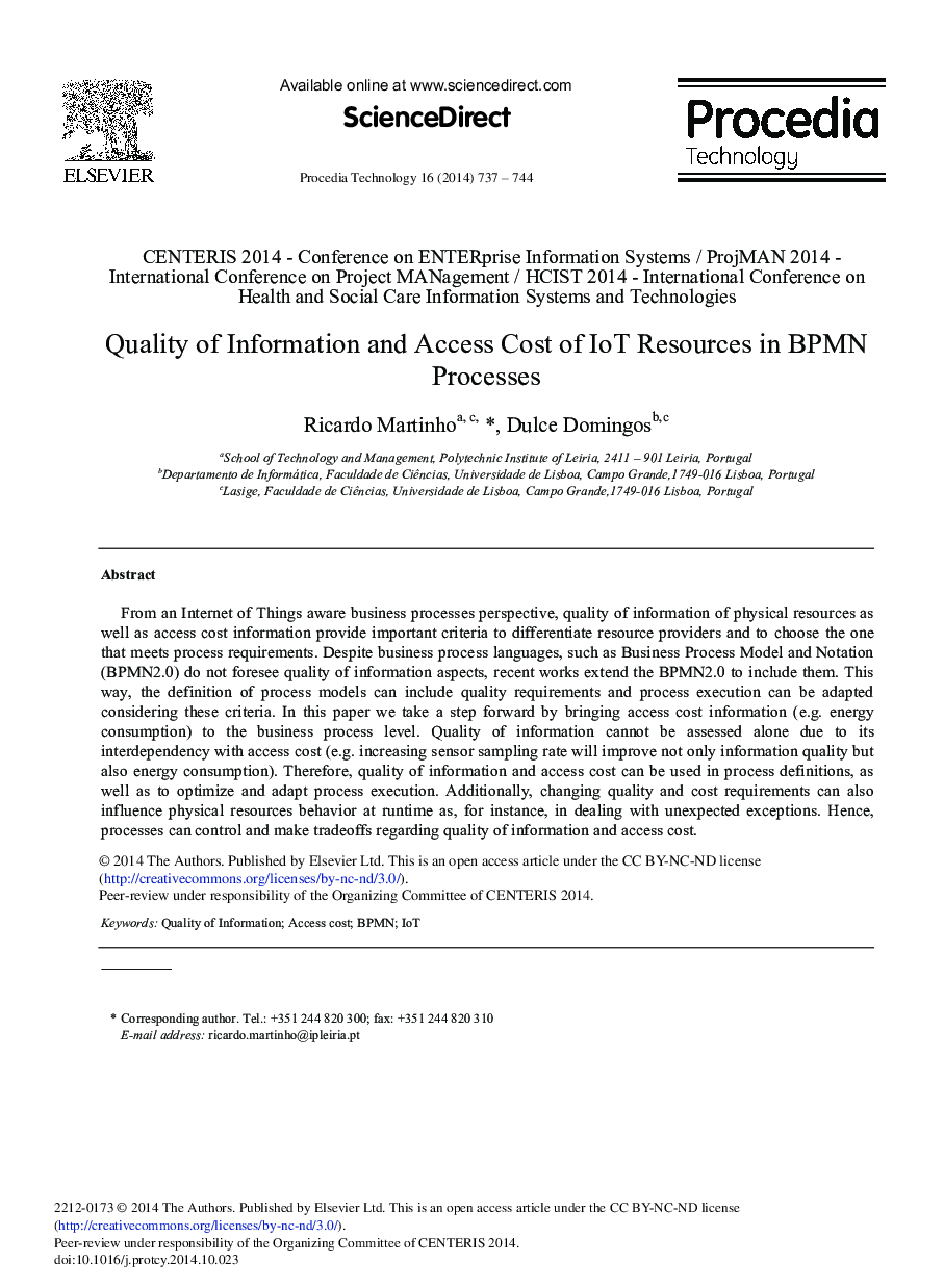 Quality of Information and Access Cost of IoT Resources in BPMN Processes 