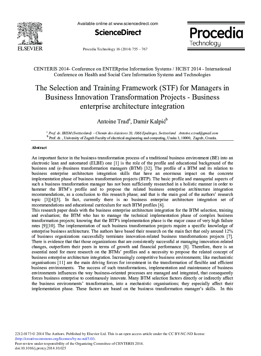 The Selection and Training Framework (STF) for Managers in Business Innovation Transformation Projects - Business Enterprise Architecture Integration 