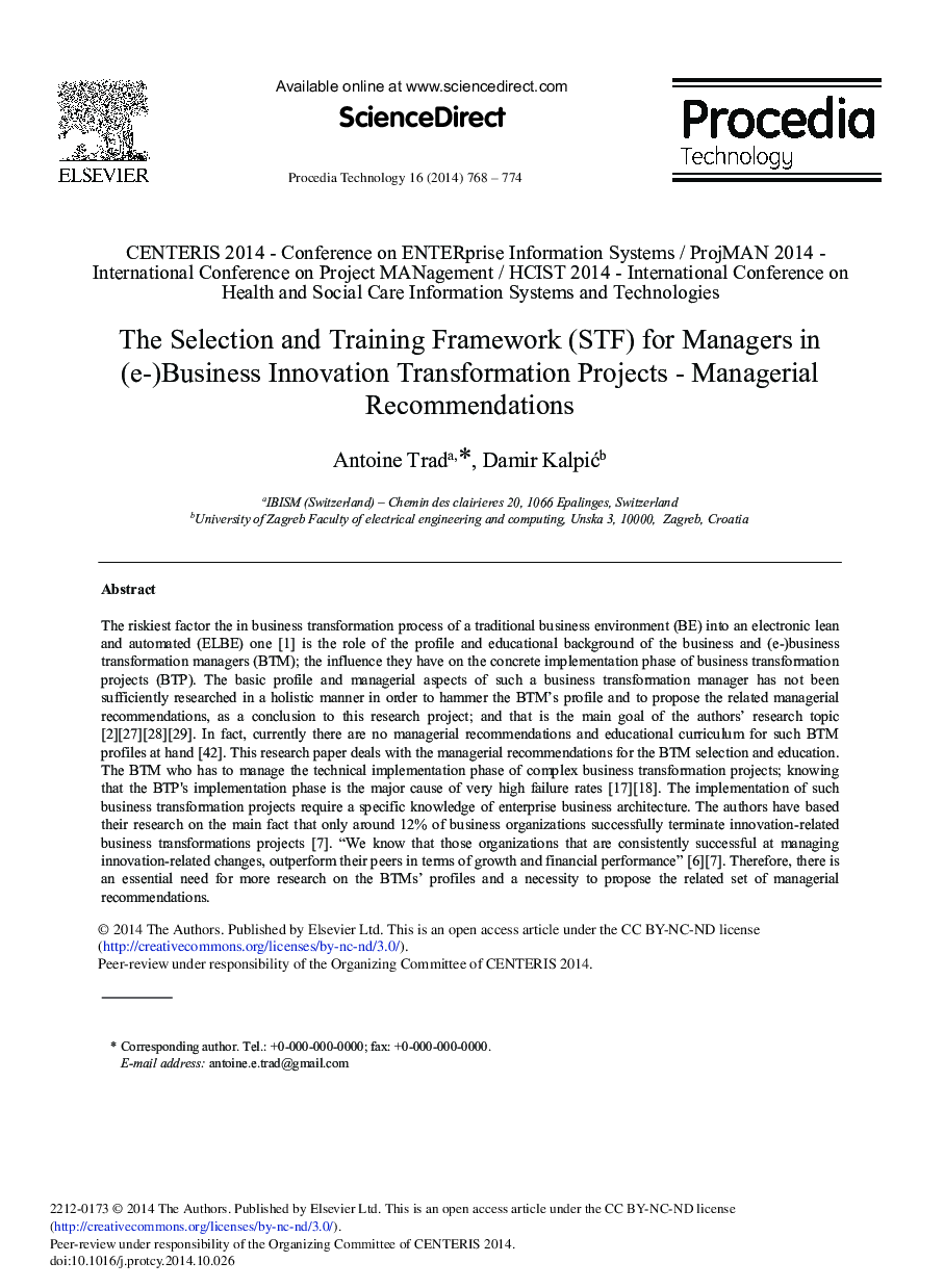 The Selection and Training Framework (STF) for Managers in (e-)Business Innovation Transformation Projects – Managerial Recommendations 