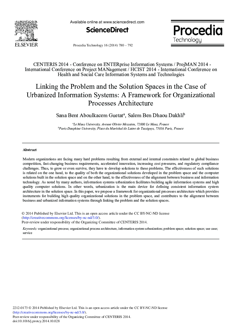 Linking the Problem and the Solution Spaces in the Case of Urbanized Information Systems: A Framework for Organizational Processes Architecture 