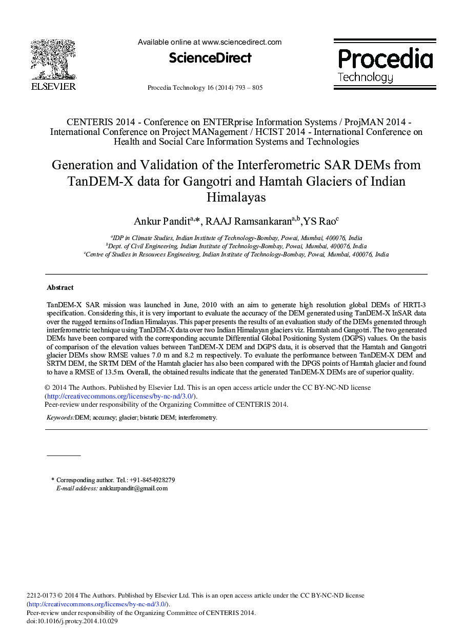 Generation and Validation of the Interferometric SAR DEMs from TanDEM-X data for Gangotri and Hamtah Glaciers of Indian Himalayas 